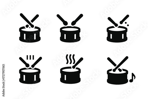 Drumline Technique Icons. Solid, filled icon set of drumline playing techniques: paradiddle, flam, drag, double stroke, buzz roll, rim shot, roll, ghost note.