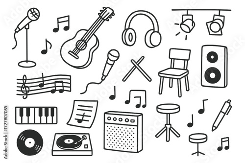 Music Icon Doodle. Hand-drawn doodle illustration Music artist microphone, guitar, headphones, piano, music notes, sheet music, drumsticks, stage lights,