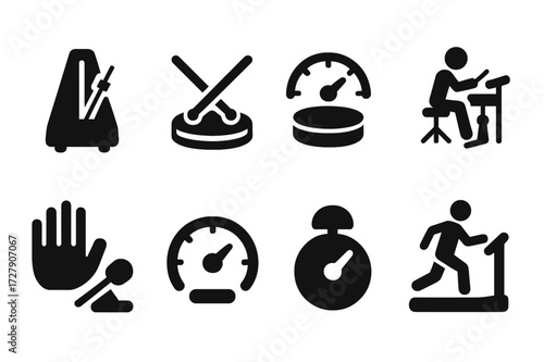 Drumming Practice Icons. Solid, filled icon set of fill practice methods: metronome use, rudiment drills, speed training, coordination exercises,