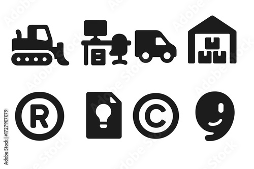 Business Asset Icons. Solid, filled icon set of business assets: machinery, office equipment, vehicles, stock inventory, trademarks, patents, copyrights,