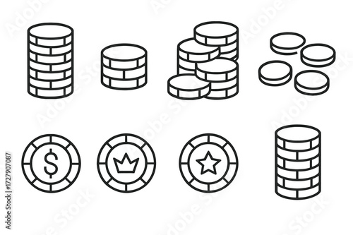 Chip Stack Icons. Outline icon set of chip stacks and piles: tall chip stack, short chip stack, chip pile, scattered chips, chip with dollar sign, chip with