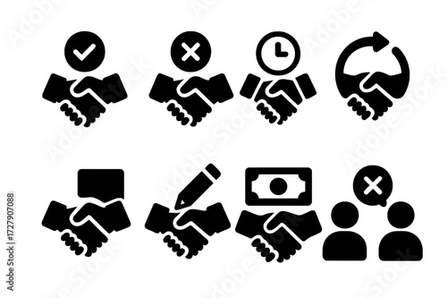Deal Outcome Icons. Solid, filled icon set of deal outcomes: success, failure, pending, revision, renewal, cancellation, settlement, dispute. [Solid, filled