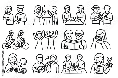 Hobbies Icon Set. Hobbies and recreation. Line icon set of hobbies and recreation: cooking together, painting together, playing board games,