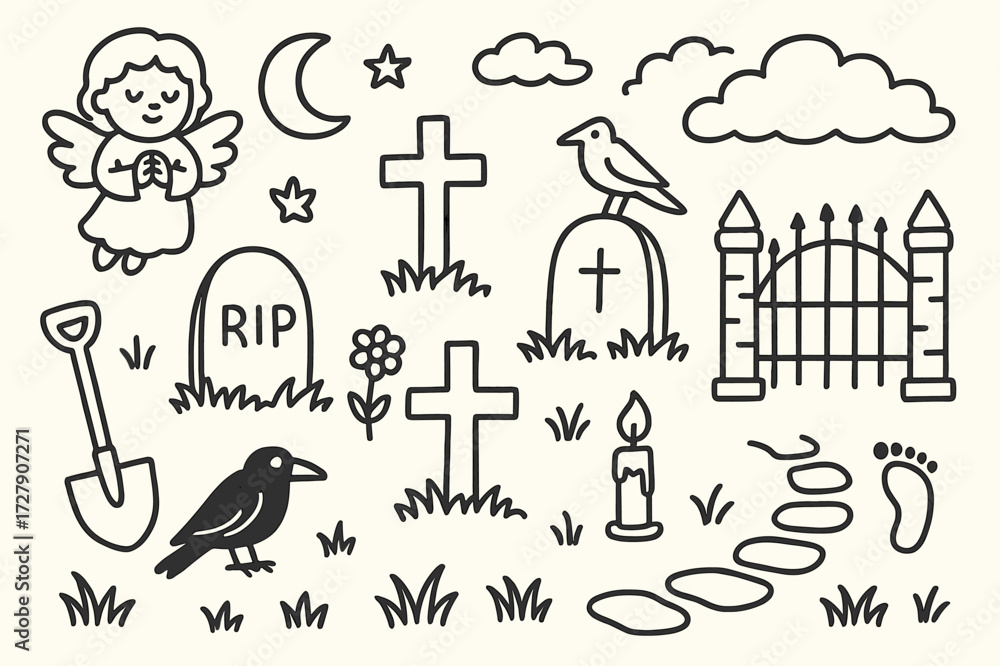 Obraz premium Cemetery Doodle Icons. Hand-drawn doodle illustration cemetery and gravestones tombstone, cross, flower, tree, crow, candle, grass, star, moon, shovel, gate,