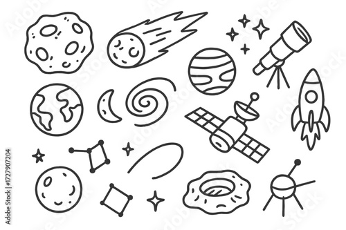 Space Exploration Doodles. Hand-drawn doodle illustration Asteroids and comets asteroid, comet, tail, stars, planets, telescope, rocket, orbit line, crater,
