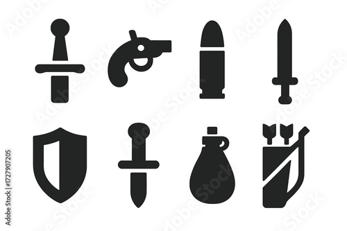 Duel Equipment Icons. Solid, filled icon set of duel equipment details: sword hilt, pistol trigger, bullet, sword blade, shield emblem, dagger handle, powder