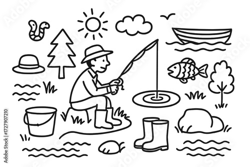 Cartoon Fishing Scene. Hand-drawn doodle illustration Man fishing at the lake man with fishing rod, fish, water ripple, boat, hat, sun, cloud, bird, worm,