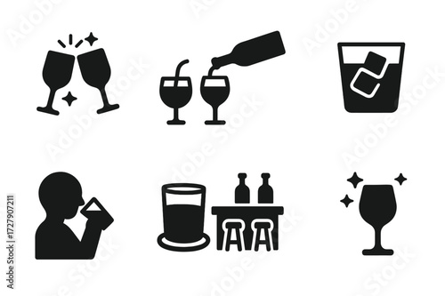 Drinking Glass Icons. Solid, filled icon set of glass drinking scenes: cheers clinking glasses, wine pouring, cocktail with straw, ice cubes in glass, sipping