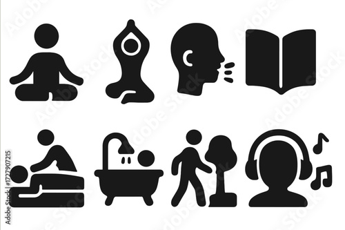 Soothing Activity Icons. Solid, filled icon set of soothing activities: meditation, yoga pose, deep breathing, reading book, massage, bath tub, nature walk,