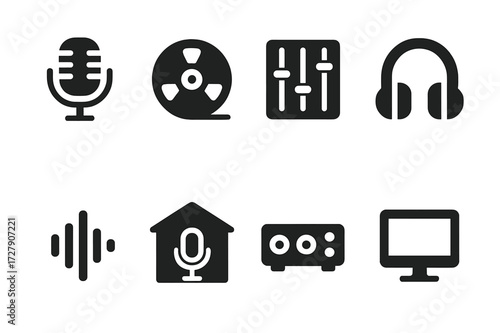 Folk Music Icon Set. Solid, filled icon set of folk music recording: acoustic microphone, reel tape, mixing console, headphones, sound waves, recording studio,