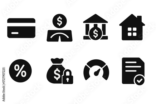 Financial Credit Icons. Solid, filled icon set of financial credit: credit card, credit limit, bank loan, mortgage, interest rate, collateral, credit score,