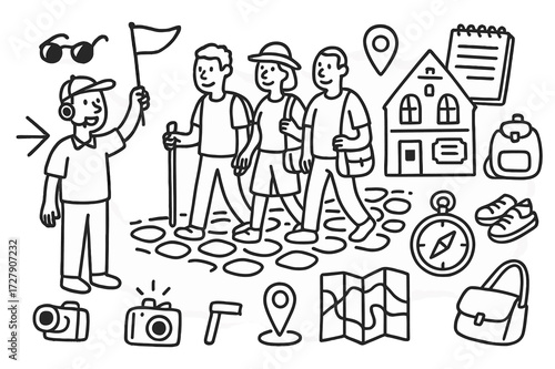 Historical Tour Doodle. Hand-drawn doodle illustration Historical walking tour group of tourists, guide flag, headset, cobblestone path, heritage building,