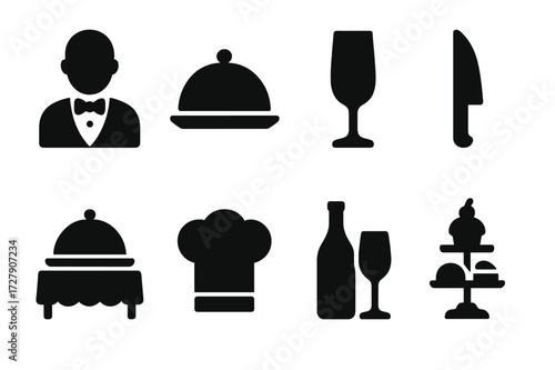 Gala Dining Icons. Solid, filled icon set of gala food service: waiter, serving tray, champagne flute, carving knife, buffet table, chef hat, wine bottle,