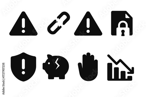 Borrower Risk Icons. Solid, filled icon set of borrower risk: caution symbol, broken chain, warning sign, locked file, alert badge, cracked piggy bank, stop