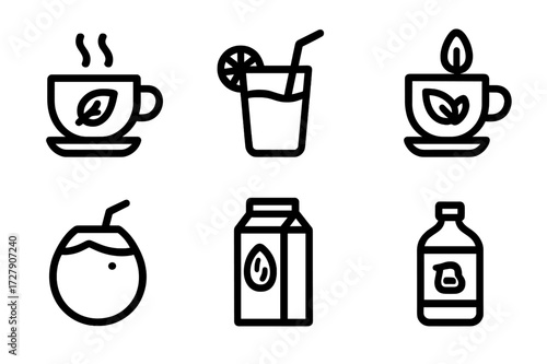 Vegetarian Beverage Icons. Solid, filled icon set of vegetarian beverages: green tea, fresh juice, herbal tea, smoothie cup, coconut water, almond milk,