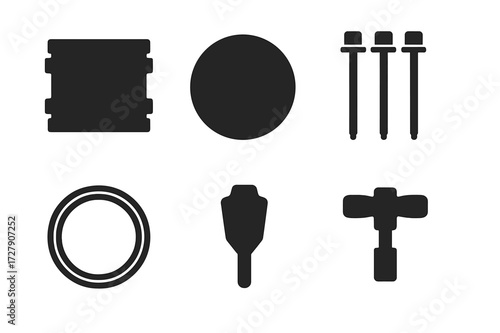 Drum Component Icons. Solid, filled icon set of floor tom components: drum shell, drumhead, tension rods, lugs, legs, hoop rim, bearing edge, drum key. Solid,