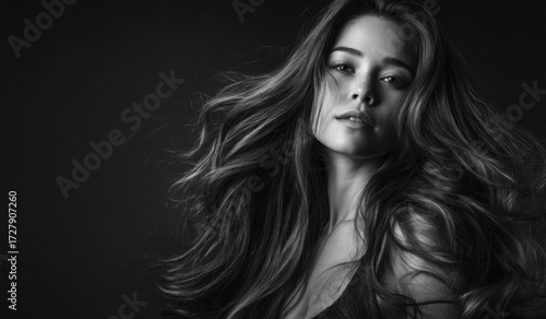 Monochrome portrait of a serene woman with flowing hair, dramatic lighting, soft skin texture, and an introspective gaze that conveys artistry and mood.