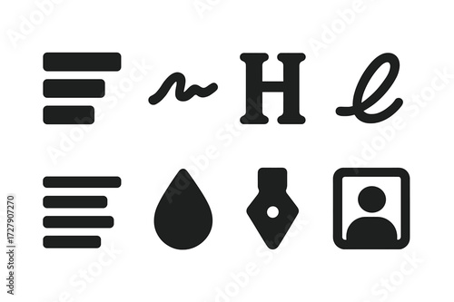 Invitation Icon Set. Solid, filled icon set of invitation writing icons: text block, signature line, headline style, cursive font, text alignment, ink droplet,
