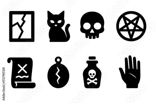 Curse Symbol Icons. Solid, filled icon set of curse symbols: broken mirror, black cat, skull, pentagram, cursed scroll, cracked amulet, poison vial, dark hand.
