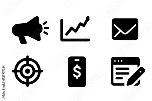 Social Media Icon Set. Solid, filled icon set of social media marketing tools: megaphone, analytics chart, calendar, email, target, dollar sign, smartphone,