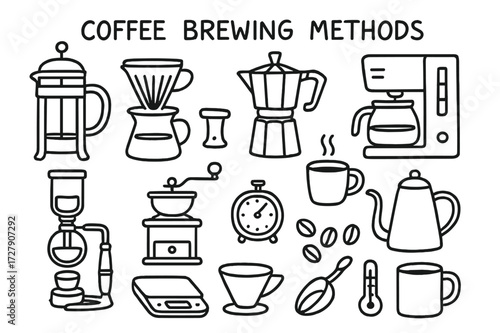 Coffee Brewing Icons. Hand-drawn doodle illustration [Coffee brewing methods] [french press, pour-over, moka pot, drip machine, siphon, grinder, coffee cup,