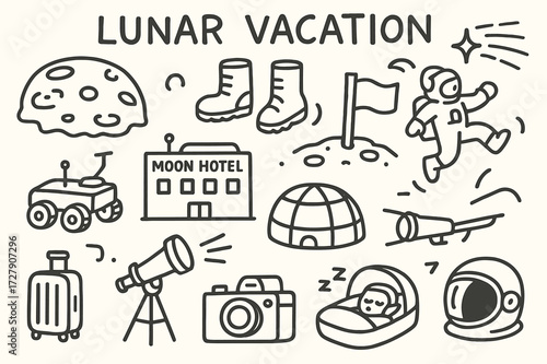 Moon Holiday Doodles. Hand-drawn doodle illustration Lunar Vacation moon surface, space boots, flag, rover, moon hotel, crater, luggage, low gravity jump,