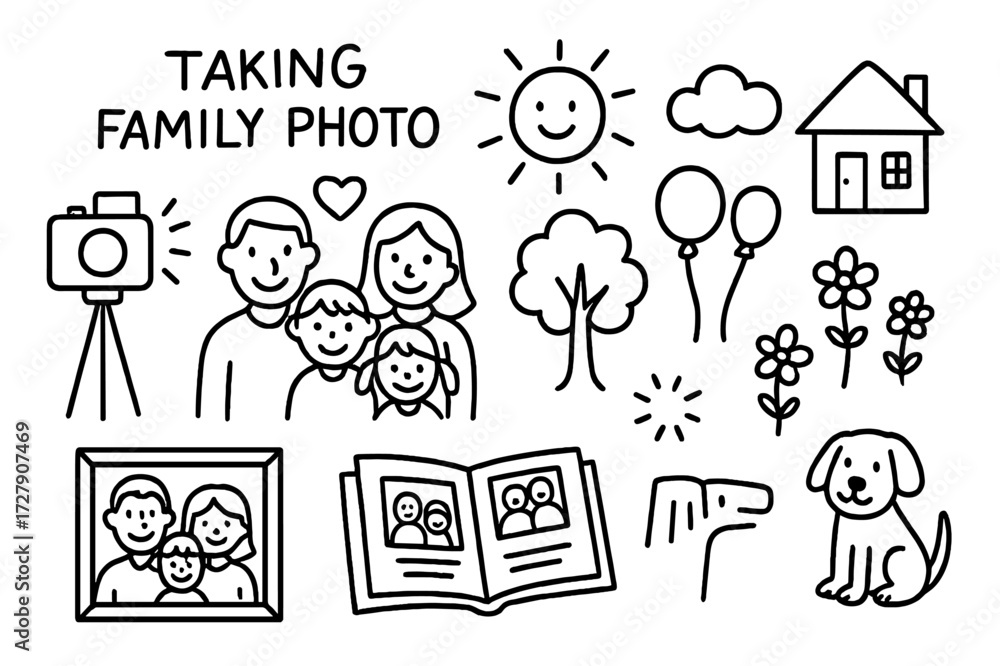 Obraz premium Family Photo Doodle. Hand-drawn doodle illustration Taking family photo camera, tripod, flash, smiling faces, group of people, heart, tree, sun, house, cloud,