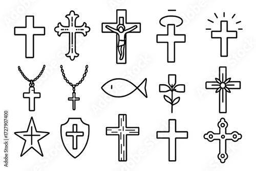 Diverse Cross Designs. Hand-drawn doodle illustration cross designs simple cross, ornate cross, Celtic cross, crucifix, pendant, chain, rosary cross, fish