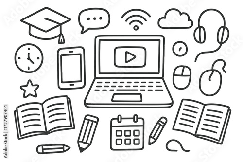 Online Learning Doodles. Hand-drawn doodle illustration Online learning app laptop, tablet, smartphone, headphones, book, graduation cap, mouse, cloud, WiFi