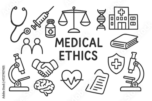 Medical Ethics Icons. Hand-drawn doodle illustration Medical ethics stethoscope, syringe, pill bottle, DNA, balance scale, book, hospital building, people
