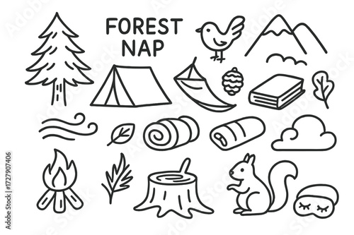 Forest Nap Retreat. Hand-drawn doodle illustration Forest nap retreat [pine tree, tent, hammock, bird, mountain, pinecone, campfire off, closed book, sleeping