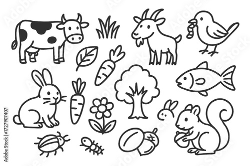 Animal Feeding Doodles. Hand-drawn doodle illustration Animal feeding habits cow, grass, goat, leaf, bird, worm, fish, insect, tree, flower, rabbit, carrot,