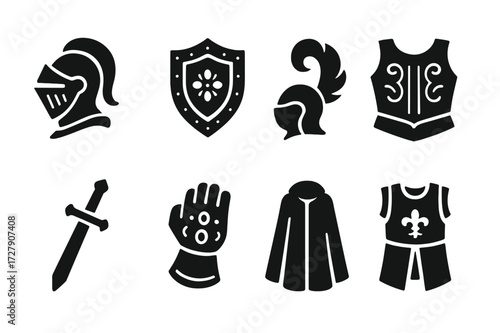Ceremonial Armor Icons. Solid, filled icon set of ceremonial armor: ornamental helmet, decorative shield, plume, engraved breastplate, ceremonial sword,