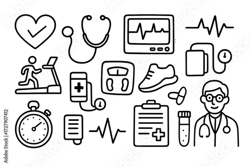 Cardiovascular Health Symbols. Hand-drawn doodle illustration Cardiovascular health check heart icon, stethoscope, ECG monitor, pulse icon, treadmill, blood