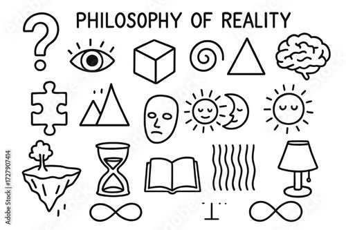 Doodle Philosophy Symbols. Hand-drawn doodle illustration [philosophy of reality] [question mark, eye, cube, spiral, triangle, brain, puzzle piece, floating