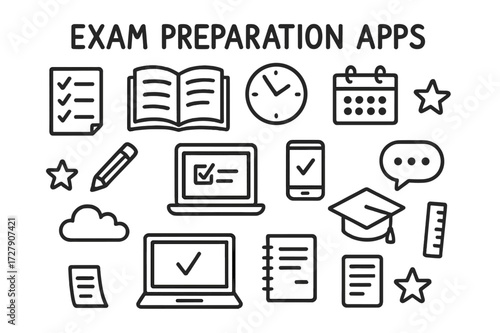 Exam Prep Doodles. Hand-drawn doodle illustration Exam preparation apps checklist, book, clock, calendar, pencil, tablet, smartphone, laptop, graduation cap,