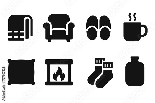 Cozy Comfort Icons. Solid, filled icon set of comfort items: cozy blanket, armchair, slippers, warm mug, pillow, fireplace, soft socks, hot water bottle.