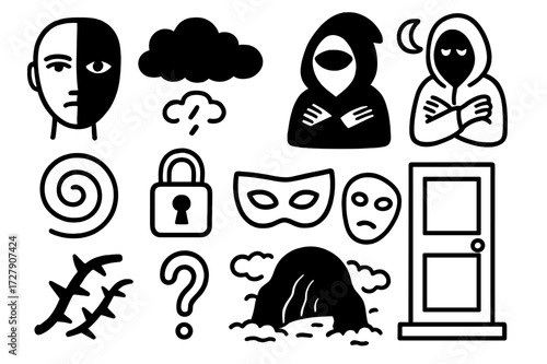 Shadow Self Symbols. Hand-drawn doodle illustration [Shadow self] half face, dark cloud, eye in shadow, cloak, moon, downward spiral, crossed arms, lock, mask,