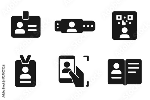 Guest ID Icon Set. Solid, filled icon set of guest identification: name tag, guest wristband, ticket pass, guest code badge, QR check-in, lanyard ID, scanned