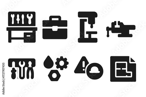 Repair Workshop Icons. Solid, filled icon set of repair workshop: workbench, toolbox, drill press, vise, tool rack, spare parts, safety signs, blueprint.