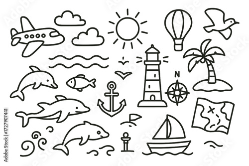 Sky and Sea Doodles. Hand-drawn doodle illustration sky and sea journey airplane, hot air balloon, waves, clouds, sun, fish, dolphin, anchor, lighthouse,