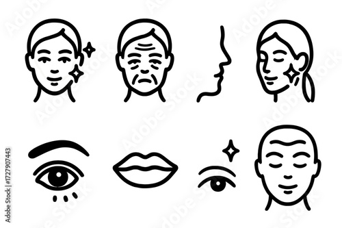 Anti-Aging Icon Set. Solid, filled icon set of anti-aging facial features: smooth skin, wrinkle, fine line, firm jawline, glowing cheek, youthful eye, plump