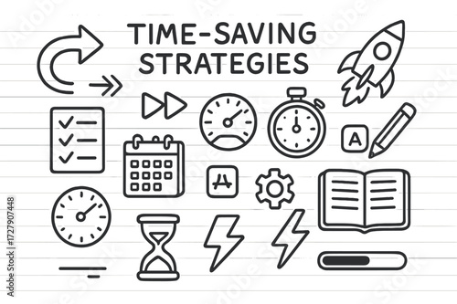 Time Management Icons. Hand-drawn doodle illustration [Time-saving strategies] [shortcut arrow, fast-forward symbol, rocket, checklist, speedometer, stopwatch,