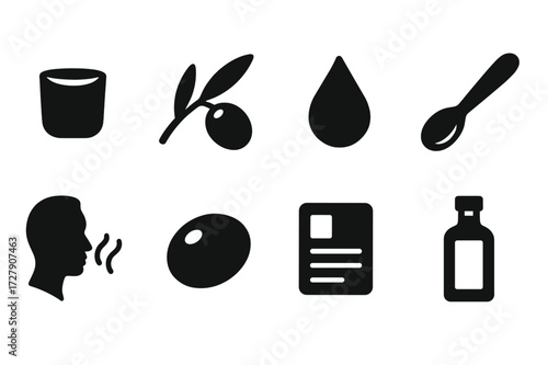 Olive Oil Icons. Solid, filled icon set of olive oil tasting: tasting cup, olive branch, oil drop, small spoon, aroma sniff, green olive, tasting card, oil