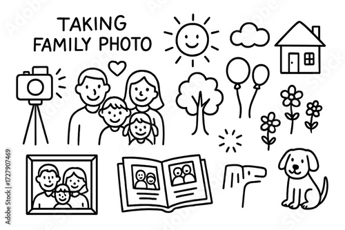 Family Photo Doodle. Hand-drawn doodle illustration Taking family photo camera, tripod, flash, smiling faces, group of people, heart, tree, sun, house, cloud,