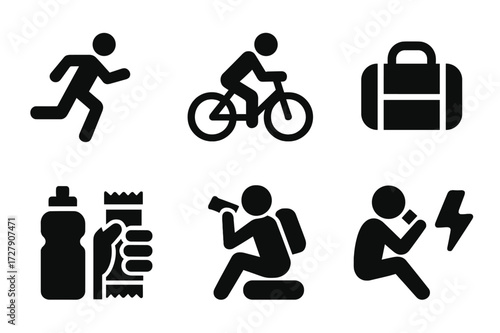Energy Bar Icon Set. Solid, filled icon set of energy bar consumption: runner, cyclist, hiker, gym bag, water bottle, hand holding bar, snack break, energy