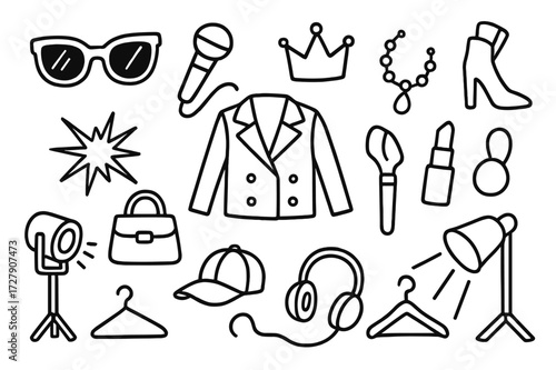 Pop Star Essentials. Hand-drawn doodle illustration pop star fashion statement sunglasses, jacket, high heels, microphone, crown, jewelry, spotlight,
