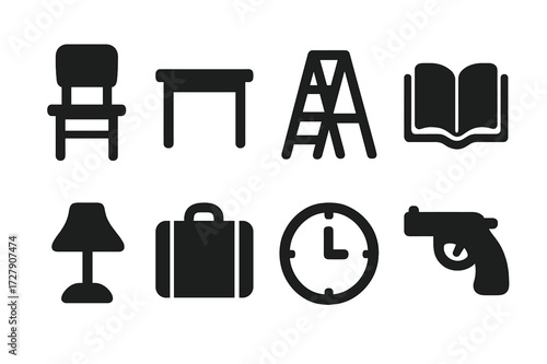 Stage Prop Icons. Solid, filled icon set of stage props: chair, table, ladder, book, lamp, suitcase, clock, weapon prop. Solid, filled icons in only black