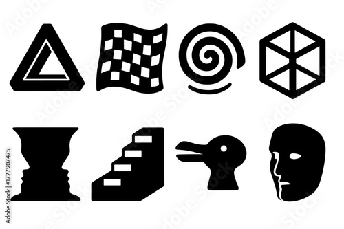 Visual Illusion Icons. Solid, filled icon set of visual illusions: impossible triangle, warped checkerboard, spiral vortex, mirrored cube, ambiguous face,