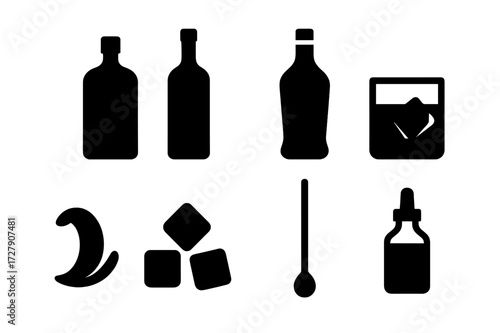 Negroni Cocktail Icons. Solid, filled icon set of negroni cocktail components: gin bottle, campari bottle, sweet vermouth, old fashioned glass, orange peel,